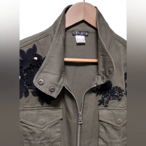 VENUS Olive Green Utility Jacket with Black Floral Embroidery – Size L - Picture 5 of 11